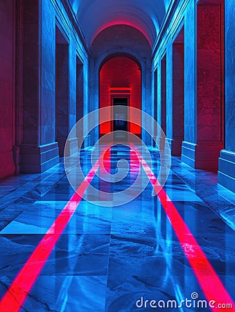 Red laser security beams cut through a dimly lit corridor, enhancing the modern architecture and creating a vivid visual Stock Photo