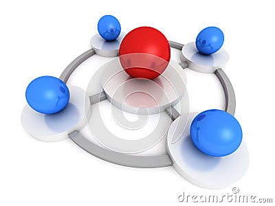 Red leader sphere in center connects blue ones Cartoon Illustration