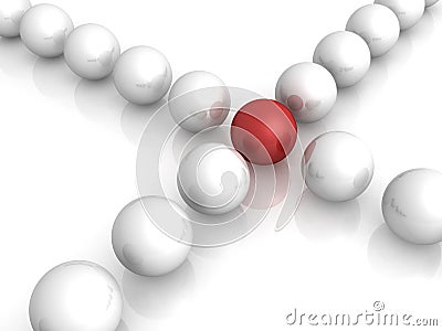 Red leader sphere at crossroads of white streams Stock Photo