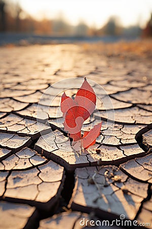 a red leaf sits on the cracked surface of the ground Stock Photo