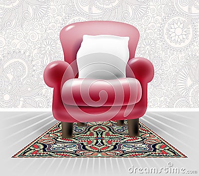 Red leather chair with a white pillow in light floral interior Vector Illustration