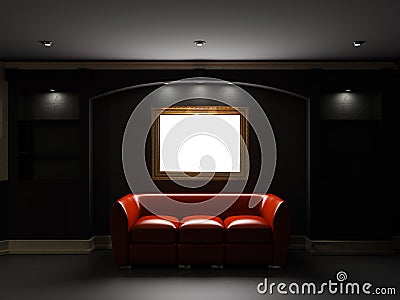 Red leather divan and bookcase in dark room Stock Photo