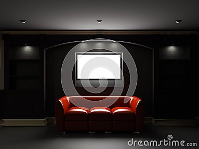 Red leather divan and bookcase with LCD tv Stock Photo