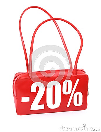 Red leather handbag with sale sign Stock Photo