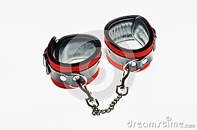 Red leather handcuffs Stock Photo