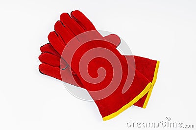 Red leather heat-resistant Safety Gloves for welders. Stock Photo