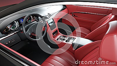 Red leather interior of luxury black sport car . realistic 3d rendering. Stock Photo