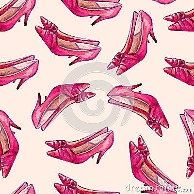 Red leather kitten heel shoes, seamless pattern on soft background Cartoon Illustration