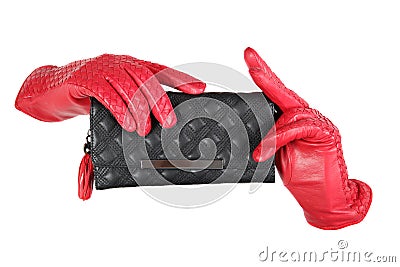 Red leather lady gloves and black Stock Photo