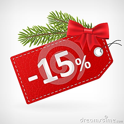 Red leather price christmas labels 15 percent sale off Vector Illustration