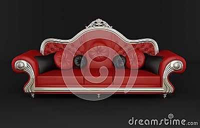 Red leather sofa with cushions Stock Photo