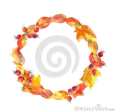 Red leaves and berries. Autumn wreath. Watercolor circle frame Stock Photo