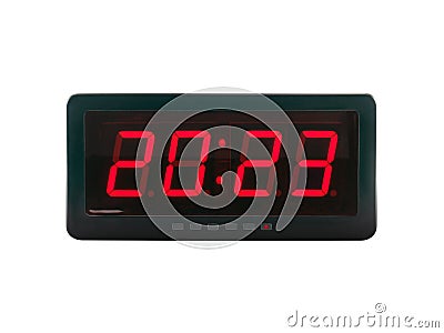 Red led light numbers 2023 illuminated on black digital electric alarm clock display Stock Photo