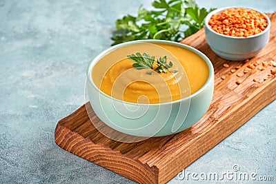 Red lentil soup Shorbat Adas . Traditional middle eastern ramadan food. Close up Stock Photo