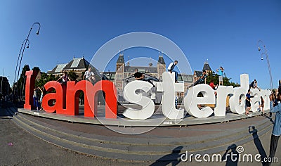 Red letters in the park in centre of Amsterdam Editorial Stock Photo