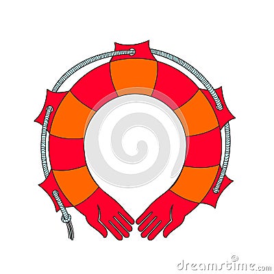 Red life buoy. Vector. Rescue on the water. The human hand in the form of a rescue. Metaphor for protection, peace and prosperity. Stock Photo