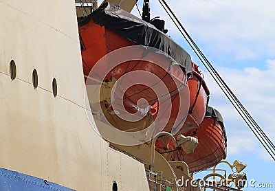 Red lifeboats closeup Stock Photo