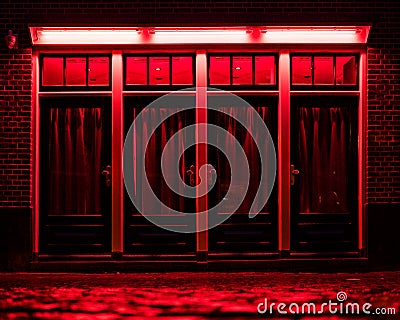 Red Light District in Amsterdam. Red boxes with curtains and wet Cobbles on the street Stock Photo