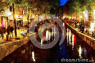 Red Light District watercolor painting Stock Photo