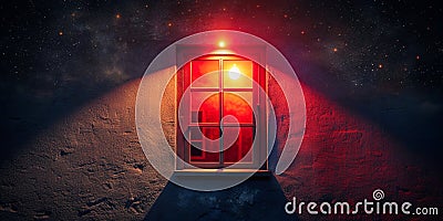 red light from the window the red window shines mystically at night mysterious red window Generative By AI Stock Photo