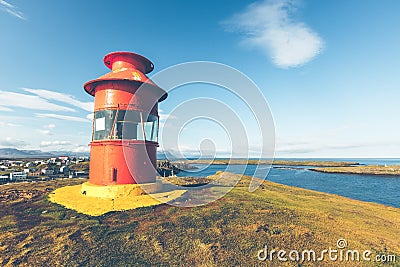 Red Lighthouse above Stykkisholmur, Iceland Stock Photo