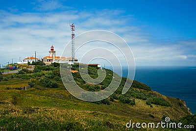 Red Lighthouse At Cape Cabo Da Roca, Portugal Stock Photo