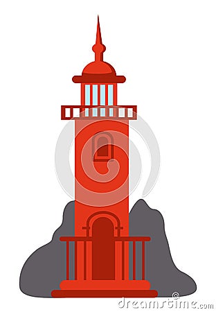 Red lighthouse icon isolated at white, navigation building for ships, cartoon vector lighthouse Vector Illustration