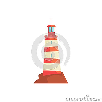 Red lighthouse, searchlight tower for maritime navigation guidance vector Illustration Vector Illustration