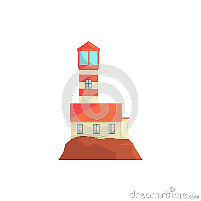 Red lighthouse, searchlight tower for maritime navigation guidance vector Illustration Vector Illustration