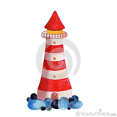 Red lighthouse watercolor isolated element. Cute cartoon hand drawn lighthouse, nautical decorative illustration Cartoon Illustration