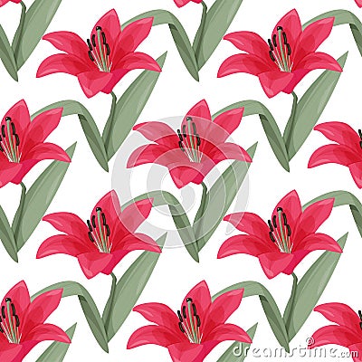 Red lily bright background. Summer colors seamless pattern. Vector Illustration