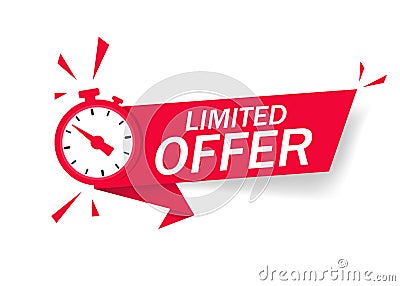 Red limited offer with clock for promotion, banner, price. Label countdown of time for offer sale or exclusive deal.Alarm clock Vector Illustration