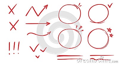 Red line check mark, underline, circle. Hand drawn doodle sketch red marker stroke emphases, highlight, check mark Vector Illustration