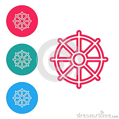 Red line Dharma wheel icon isolated on white background. Buddhism religion sign. Dharmachakra symbol. Set icons in Vector Illustration