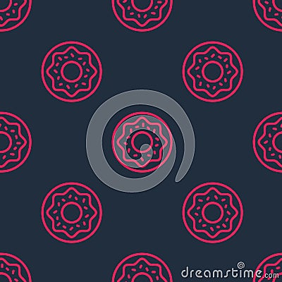 Red line Donut with sweet glaze icon isolated seamless pattern on black background. Vector Vector Illustration