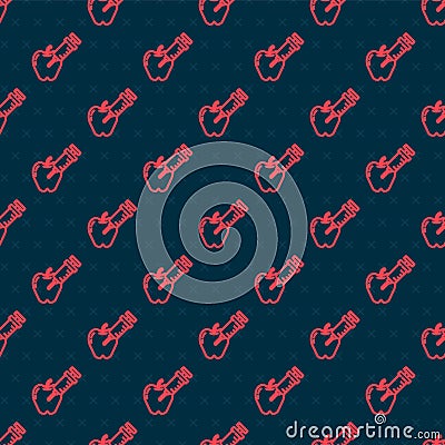 Red line Genetically modified apple icon isolated seamless pattern on black background. GMO fruit. Syringe being Vector Illustration