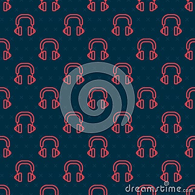 Red line Headphones icon isolated seamless pattern on black background. Earphones. Concept for listening to music Vector Illustration