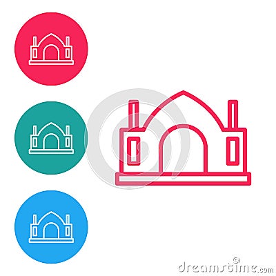 Red line Hindu spiritual temple icon isolated on white background. Set icons in circle buttons. Vector Vector Illustration