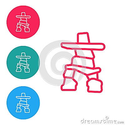 Red line Inukshuk icon isolated on white background. Set icons in circle buttons. Vector Vector Illustration