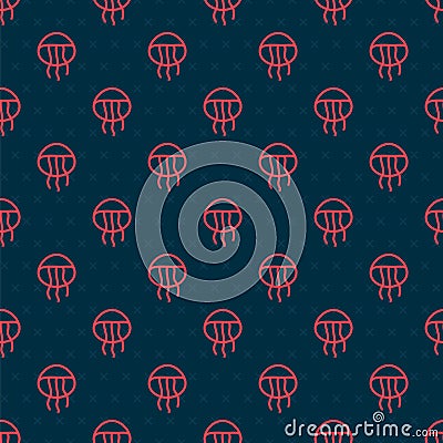 Red line Jellyfish icon isolated seamless pattern on black background. Vector Vector Illustration