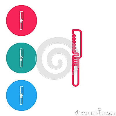 Red line Medical saw icon isolated on white background. Surgical saw designed for bone cutting limb amputations and Vector Illustration