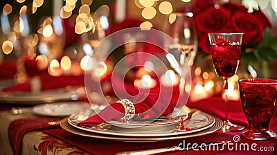 Red linens, elegant dinnerware, and romantic candlelight Stock Photo