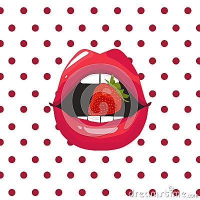 Red lips biting retro icon isolated Vector Illustration