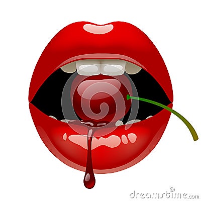 Red lips with a cherry Vector Illustration