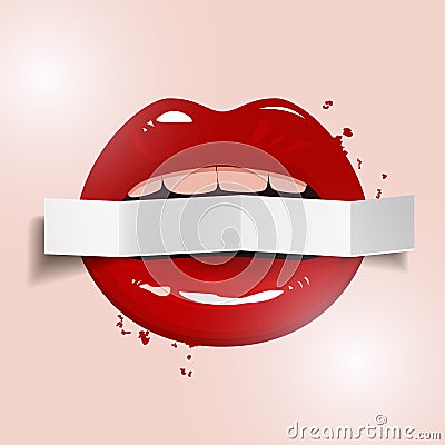 Red lips holding a blank paper banner on light background, vector illustration Vector Illustration