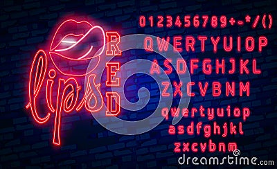 Red Lips neon sign, Set fashion neon sign. bright signboard, light banner. Vector icons Vector Illustration