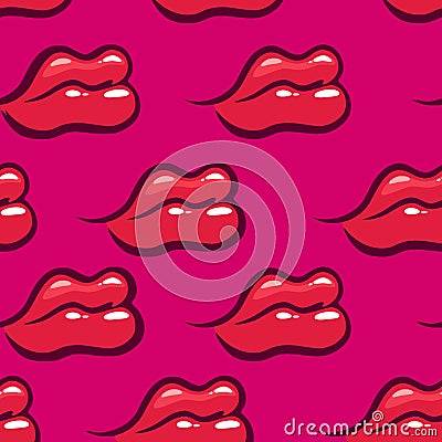 Red lips on pink background - Vector Seamless Pattern. Vector Illustration