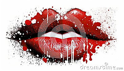 Red lips print. Abstract lipstick. White teeth. Closeup lips. Woman's lips. Pucker. kiss. White paint splatter. Stock Photo