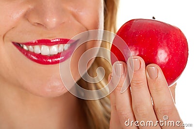 Red lips & red apple Stock Photo