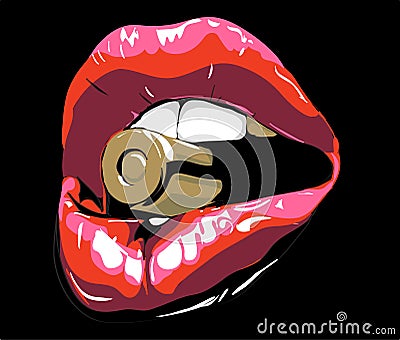 Red lips. Red lips with bullet. Red lips on black. biting red lips. Abstract lipstick in the open mouth with gold metal bull Cartoon Illustration